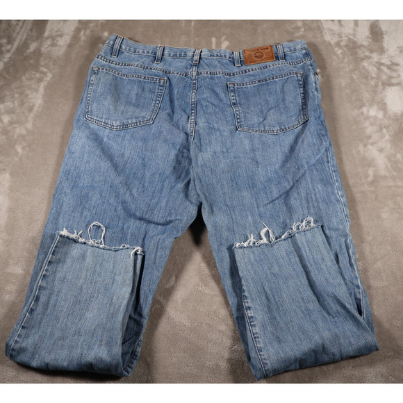 Eddie Bauer Jeans Mens 44x36 Blue Classic Fit Premium Denim Distressed Raw Hem - Picture 6 of 9